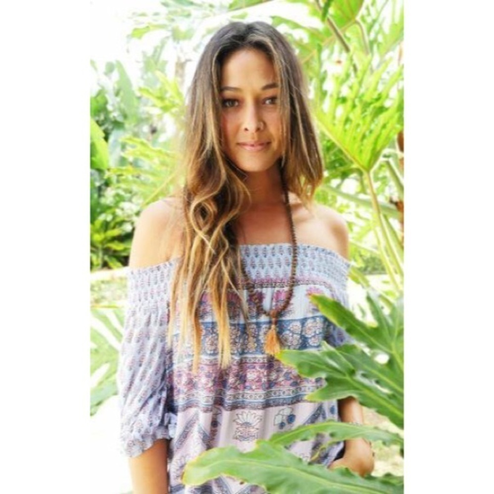 Blue Boheme Bella Multicolor Printed Smocked Off-The-Shoulder Rayon Top EUC OS